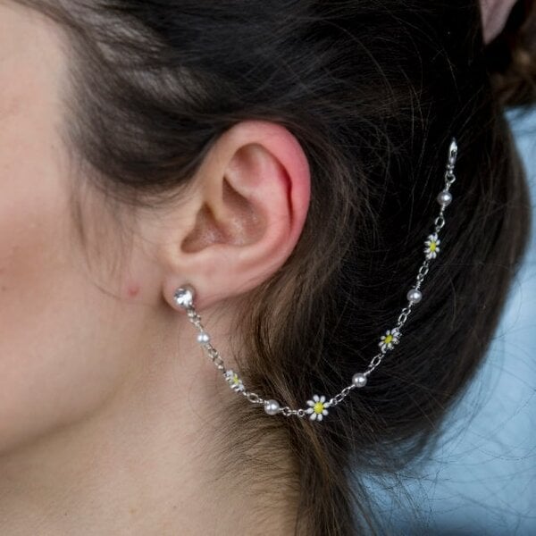 The Colourful Aura Long Sunflower Floral Dangle Chain Tassel Pearl Ear Climber Cuffs Chain