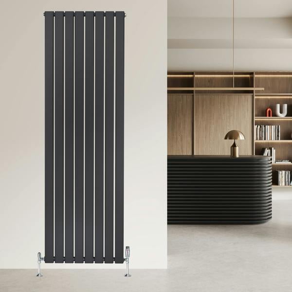 Flat single column radiator in anthracite grey, 1800 x 560mm, featuring a sleek vertical design and modern finish, installed against a neutral wall