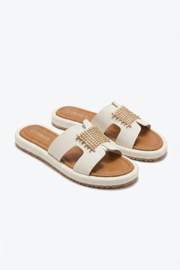 Amber Gold Woven Buckle Slides - White_wb