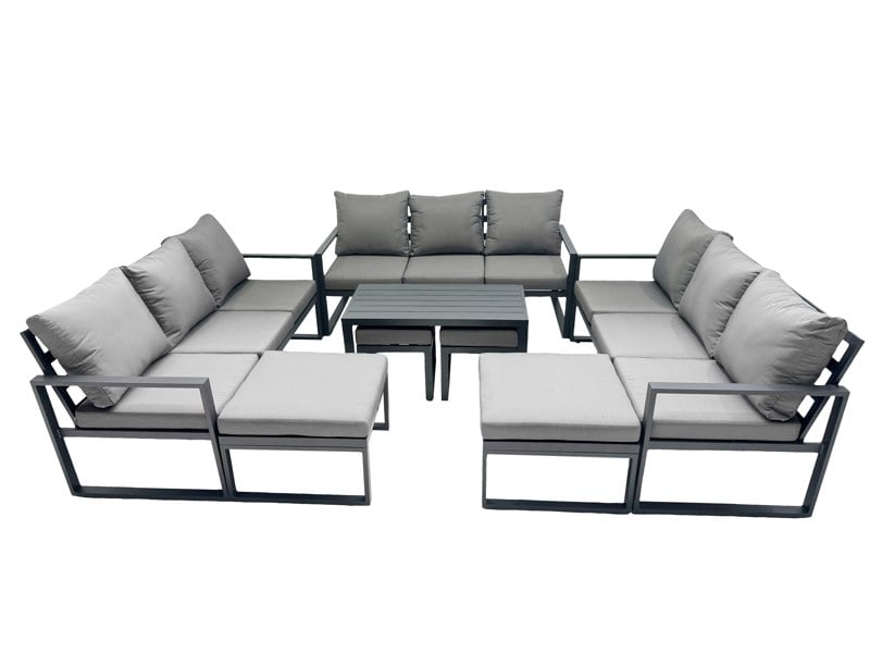 Fimous Outdoor Garden Furniture Set Aluminium Lounge 3 Seat Sofa Oblong Coffee Table Sets with 4 Stools Dark Grey