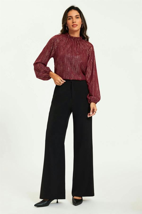 FS Collection Gold Stripe Foil Long Sleeve Frill High Neck Top In Wine