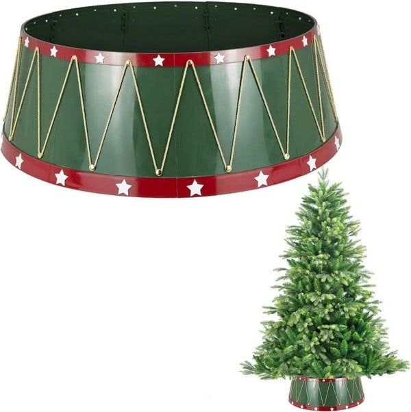Shatchi 25.6 Inch Drum Style Christmas Tree Collar, Foldable Tree Base Cover with Mirror Finish - 25.6INCH - Plastic - Green