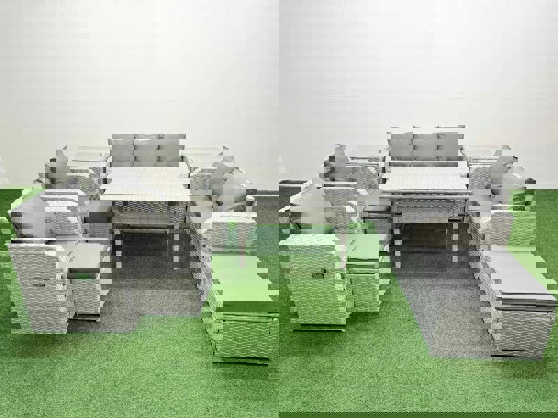 Fimous Light Grey PE Rattan Outdoor Lounge Set - Reclining Chair, Double Loveseat, Rectangular Dining Table, 3 Stools & 2 Side Tables