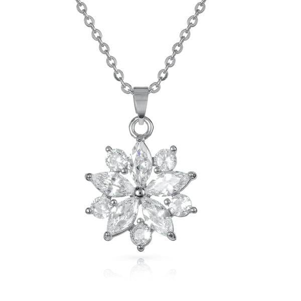 Zavana Silver Sparkling Floral Pendant Necklace with Marquise and Round Cubic Zirconia stones