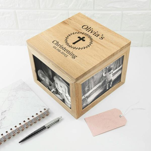 Personalised solid oak Christening photo keepsake box with engraved cross, leaf frame, and space for four large photos.