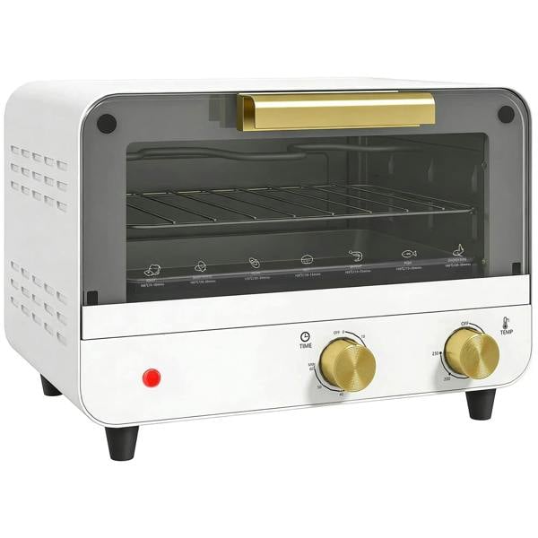 White mini toaster oven with glass door, two control knobs, adjustable timer