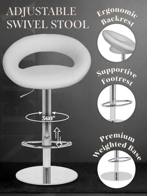 Lamboro Deluxe Sorrento Real Leather Kitchen & Breakasft Bar Stool,  Adjustable Swivel Gas Lift, White