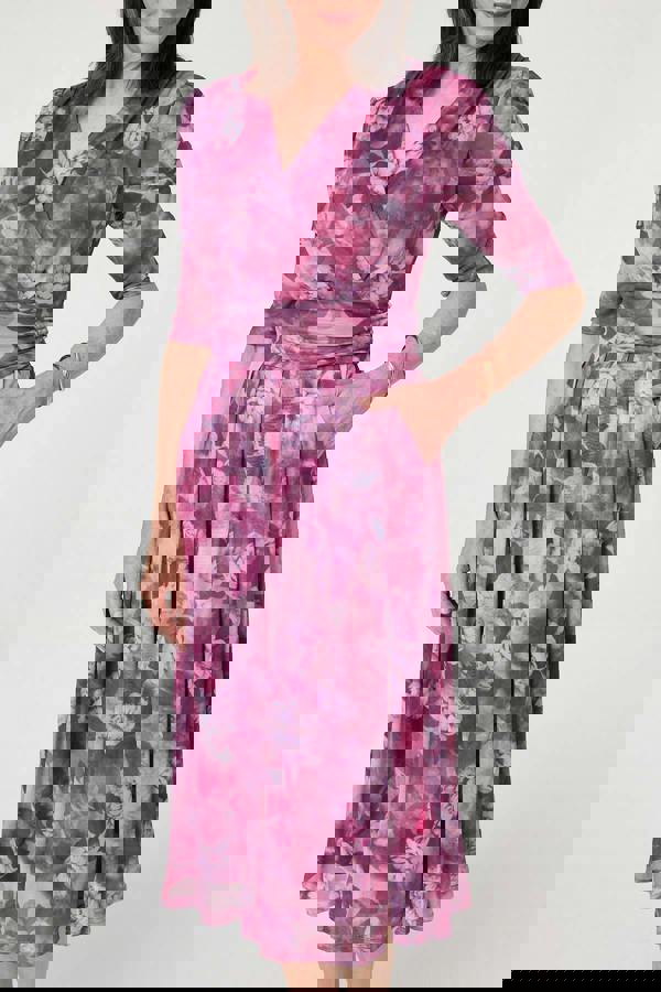 Pink | Floral Mesh Texture Pleated Midi Dress