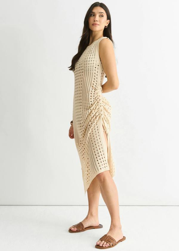Gini London Beige Crochet Knit Bodycon Midi Dress