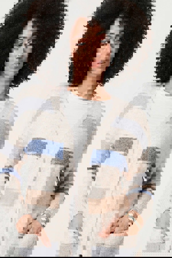 Beige | Striped V-Neck Longline Relaxed Cardigan
