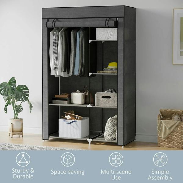 Dark grey fabric wardrobe with hanging rail and shelves, open-front storage unit.