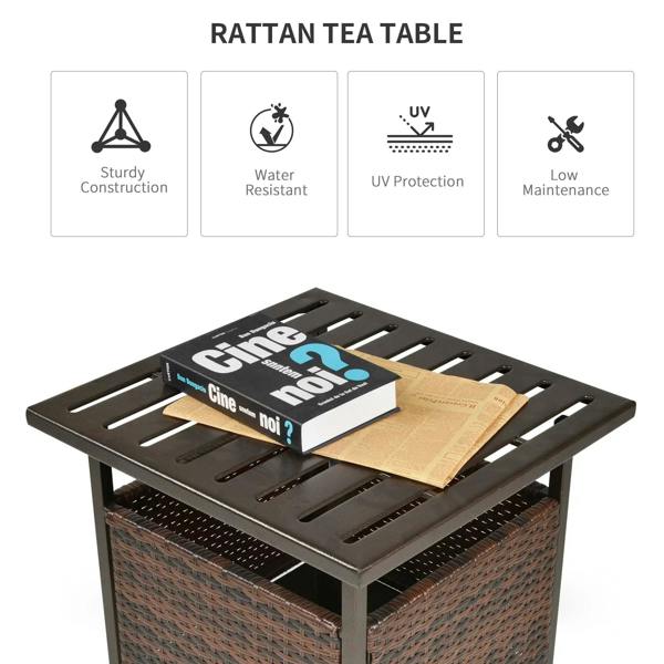 Brown rattan coffee table with dark slatted top and round umbrella opening
