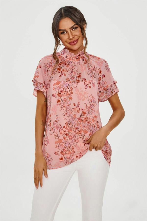 FS Collection Floral Print Frill Hem Sleeve High Neck Blouse Top In Pink