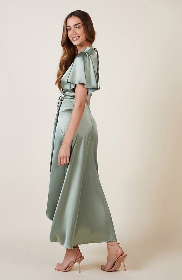 Rewritten London Florence Waterfall Dress in Sage Green Satin