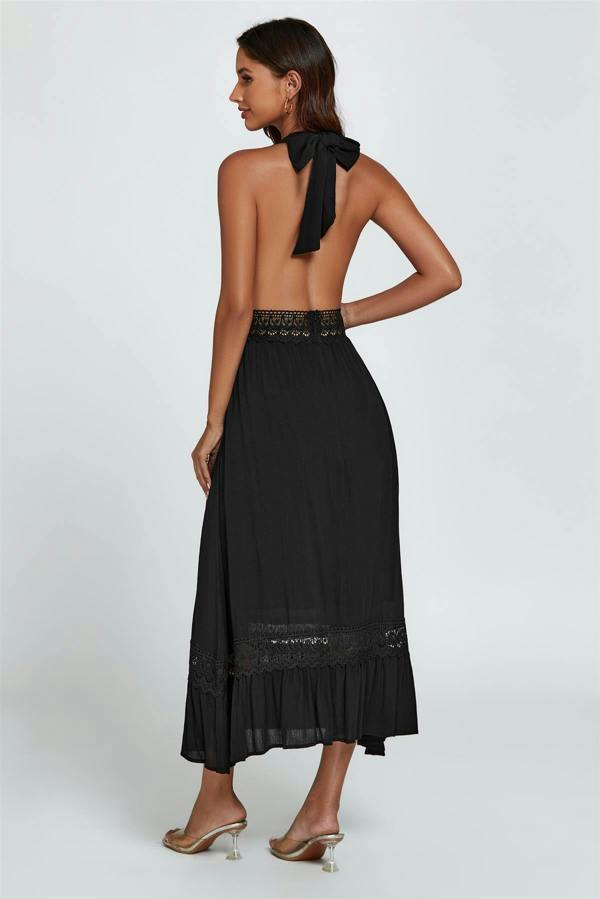 FS Collection Lace Detail Adjustable Deep V Neckline Maxi Dress In Black