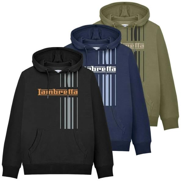 Lambretta Stripe Mens Pull Over Sweatshirt Hooded Hoodie, image showing three hooded sweatshirts in black, navy blue, and olive green with striped patterns and Lambretta logo.