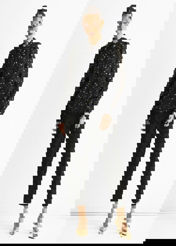 Gini London Black Dobby Star Chiffon Tie Neck Blouse