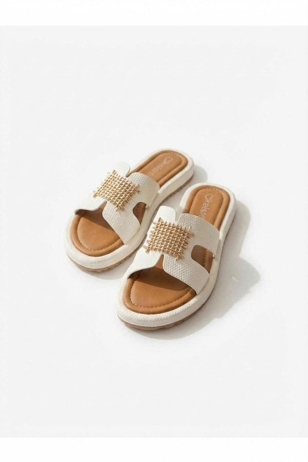 Amber Gold Woven Buckle Slides - White_wb