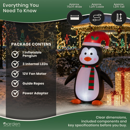 1.2m Inflatable Christmas Penguin with 3 Internal LED Lights, 12V Fan Motor, Guide Ropes and Transformer, Indoor/Outdoor Festive Decoration