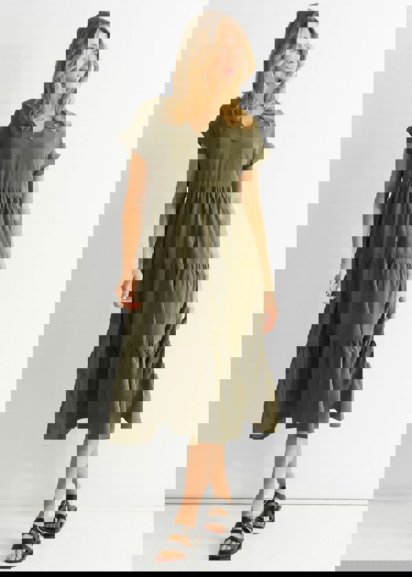 Gini London Khaki V Neck Pocket Smock Midi Dress