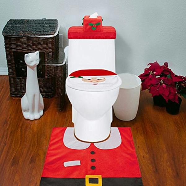41cm Christmas Toilet Seat Cover and Bathroom Mat Set, 3 Piece Santa Style Holiday Decor in White image 4