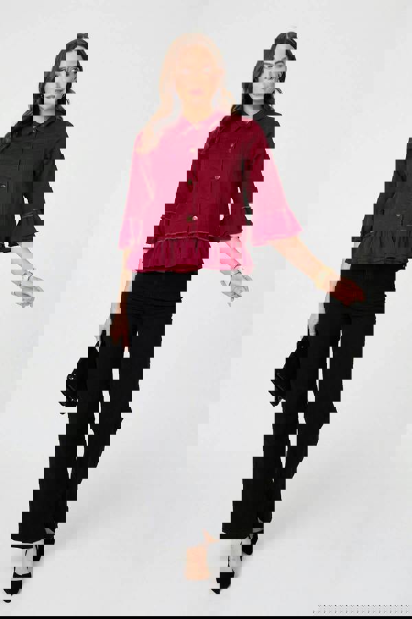 Burgundy | Frilled Hem 3/4 Flare Sleeve Shirt