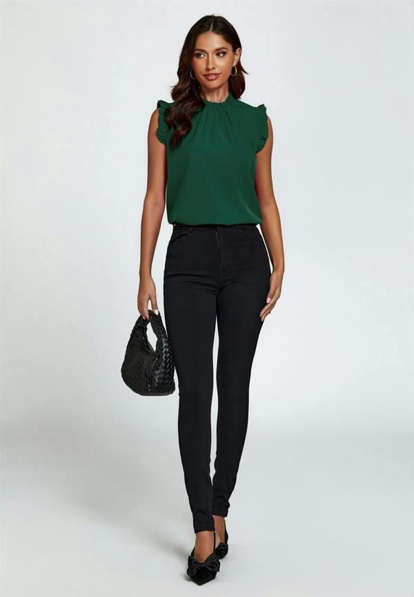 FS Collection Frill Trim Sleeve Frill Neck Blouse Top In Dark Green