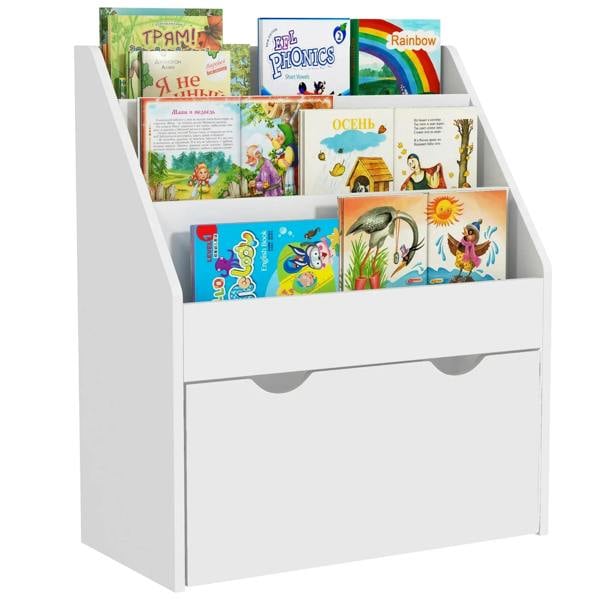 Kids white bookcase with open shelves and front drawer for books