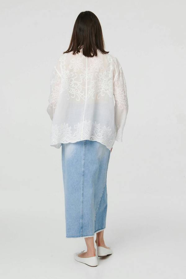 White | Floral Embroidered Long Sleeved Shirt