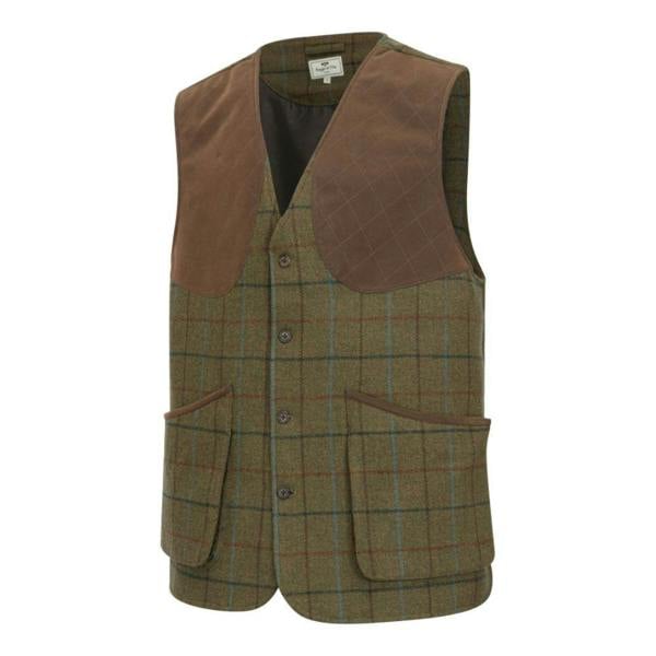 Front view of Hoggs of Fife Kingussie Technical Tweed Field Waistcoat with cartridge pockets and faux nubuck shoulder panels