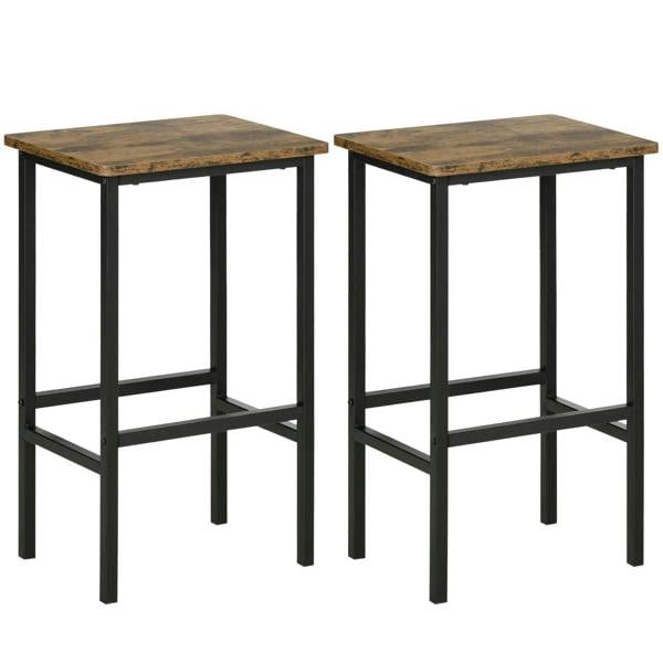 Pair of counter-height bar stools with rustic brown seats and black steel frames