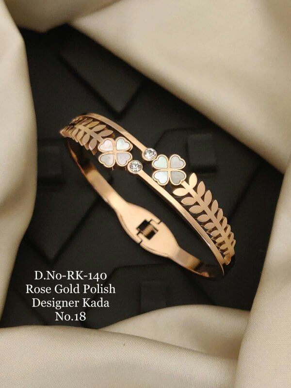 The Colourful Aura Rose Gold Clover Leaf Brass Kada with CZ Stones