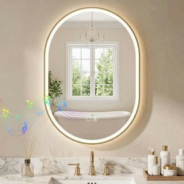Bathroom Mirror with LED Lights, 100x70cm Oval Bathroom Mirror, Dimmable, Bluetooth, Anti-Fog, Gold Tone - Gold Tone