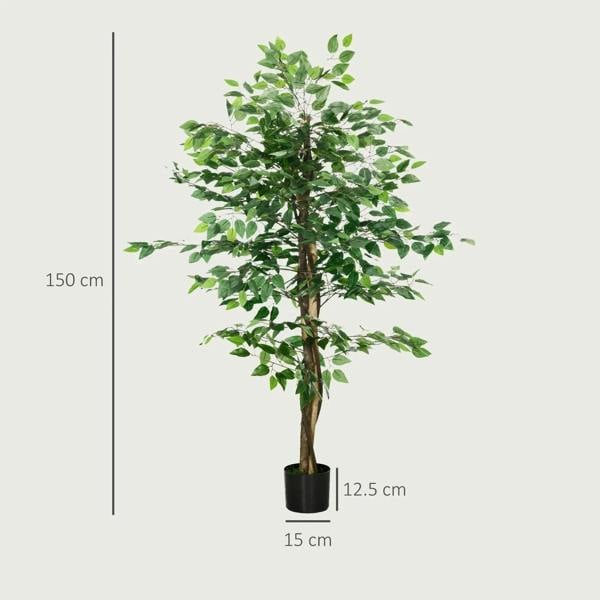 Green artificial ficus tree with dark pot; height and width shown