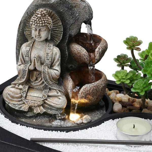 Buddha Zen Tabletop Fountain with LED Light, Tealight Holder and Succulent Fountains & Waterfalls Living and Home