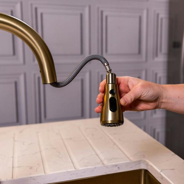 Flode Runda | Kitchen Sink Mixer with Pull out Spray | Brushed Brass | Oval Head