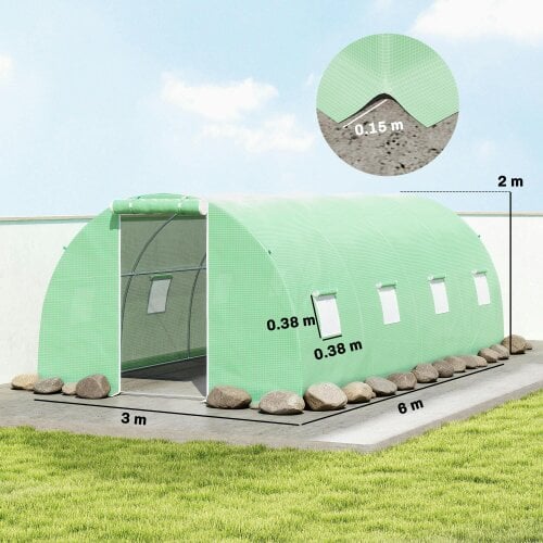 Outsunny 6 x 3 m Walk-in Polytunnel Greenhouse, Zipped Door, 8 Mesh Windows, Green