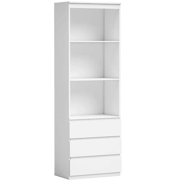 White tall bookcase with open shelves above and three drawers at the bottom.