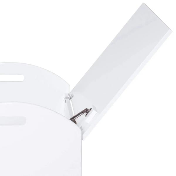 White safety hinge and open lid hardware on kids toy storage box