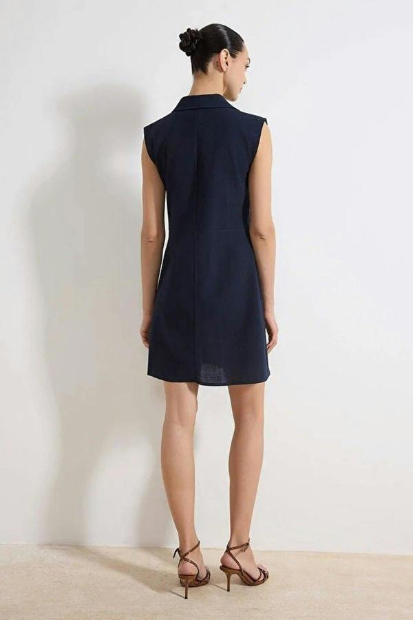WOVCOR Straight Cut Shirt Collar Linen-Look Mini Woven Dress
