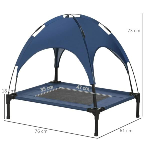 Blue elevated pet cot dog bed with canopy, black metal frame and mesh base