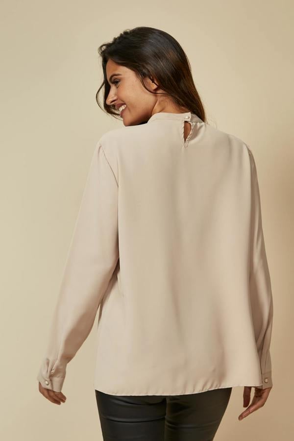 Hoxton Gal Oversized High Neck Top with Brooch Details in Beige
