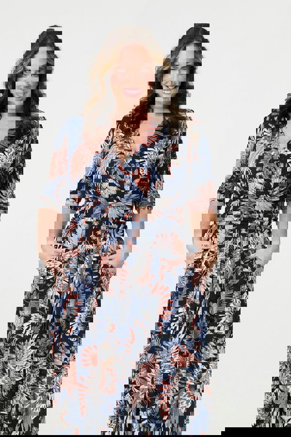 Navy | Tropical Print 1/2 Sleeve Midi Wrap Dress