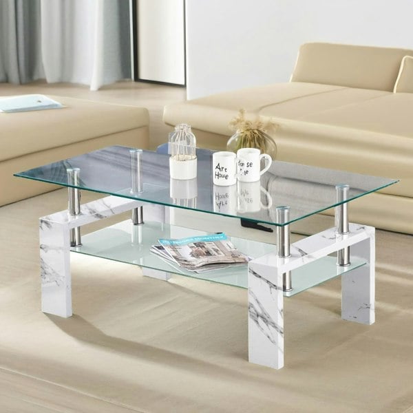 Rafaelo Mobilia 2 Tier Glass Coffee Table Marble Effect