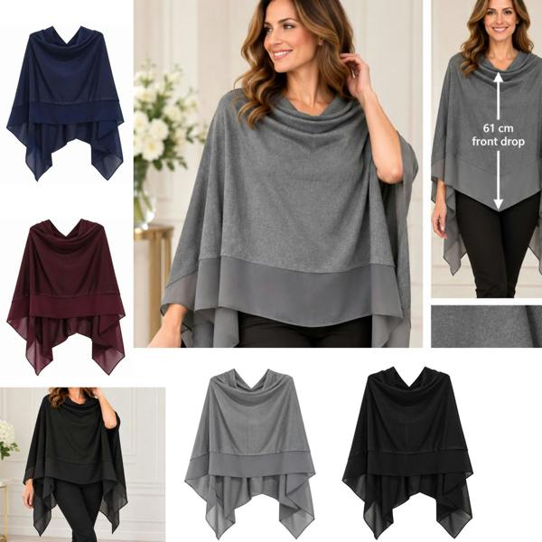 Love EMVY Wool Blend Poncho Shawl Wrap with Contrast Chiffon Border