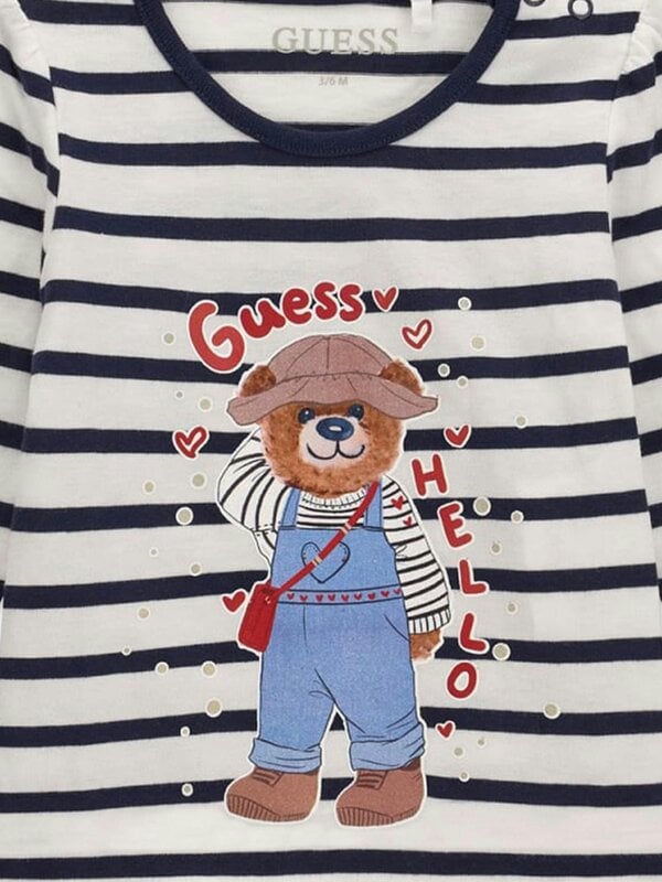 Guess Girls Long Sleeve Striped Bear T-Shirt in Blue