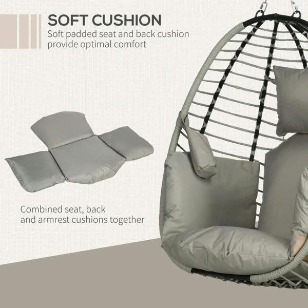 Grey hanging egg chair with soft padded seat, back, and armrest cushions set