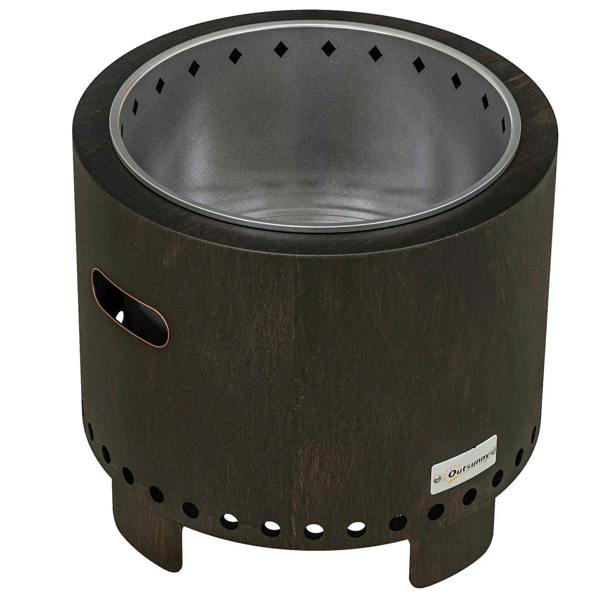 Black metal wood-burning fire pit with vent holes and lift handle, open round top