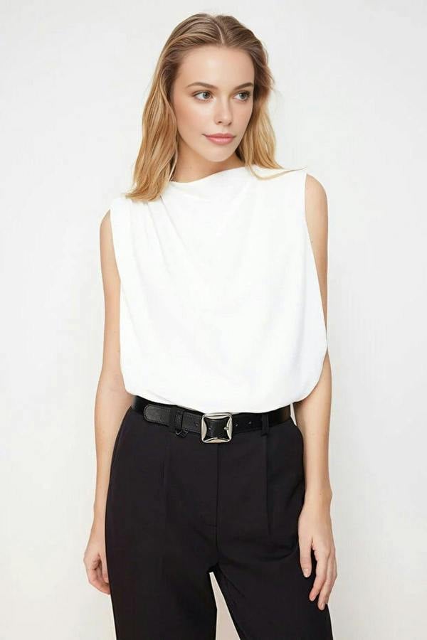 WOVCOR Crew Neck Woven Blouse with Gathering Detail