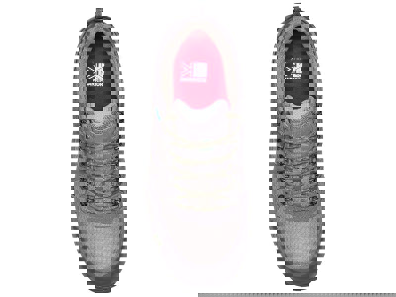 Karrimor Bodmin Low 6 Womens Waterproof Hiking Walking Trainers, top view of a grey hiking shoe with laces and a red interior lining.